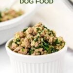 Homemade dog food with ground turkey, chopped spinach, and quinoa.