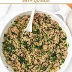 Homemade turkey, spinach, and quinoa dog food in a skillet.