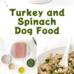 Homemade turkey and spinach dog food and the ingredients to make it.