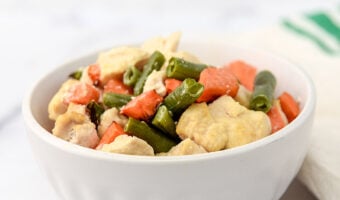 Air fryer chicken and veggie dog food in a bowl.