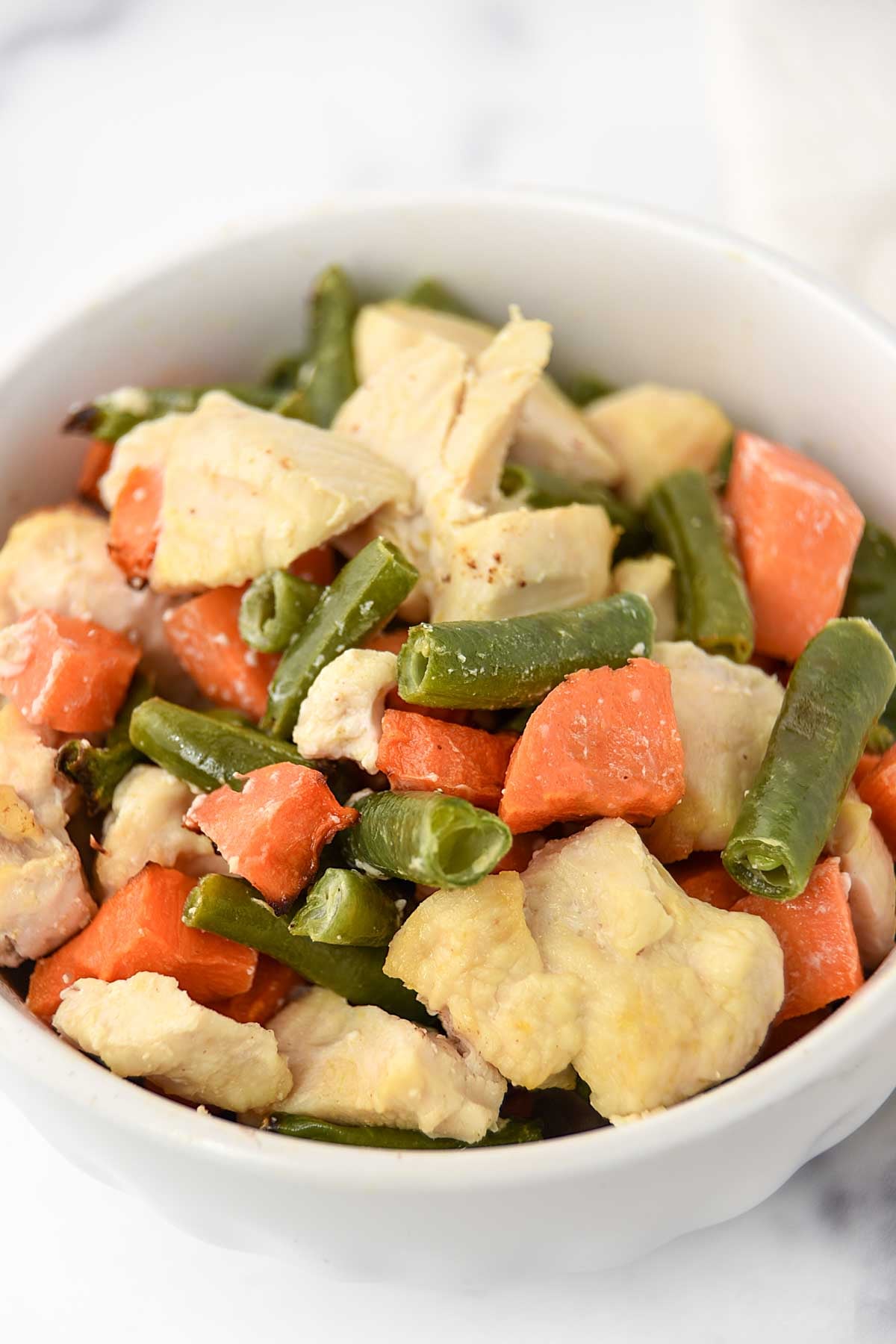 A bowl of chicken and vegetable dog food made in a air fryer.