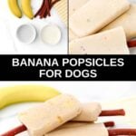 Banana dog popsicles ingredients and the popsicles on a plate.