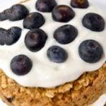 Blueberry cake for dogs with Greek yogurt frosting topped with fresh blueberries.