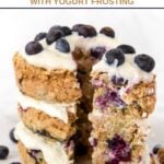 Homemade 3 layer blueberry cake for dogs with a slice cut out of it.