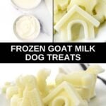Frozen goat milk dog treats ingredients and the dog-shaped treats on a plate.