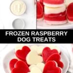 Frozen raspberry dog treats ingredients and the heart-shaped treats on a plate.