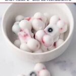A bowl of bone-shaped frozen yogurt dog treats with fruit.