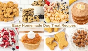 Various homemade dog treats, cake, and pie.