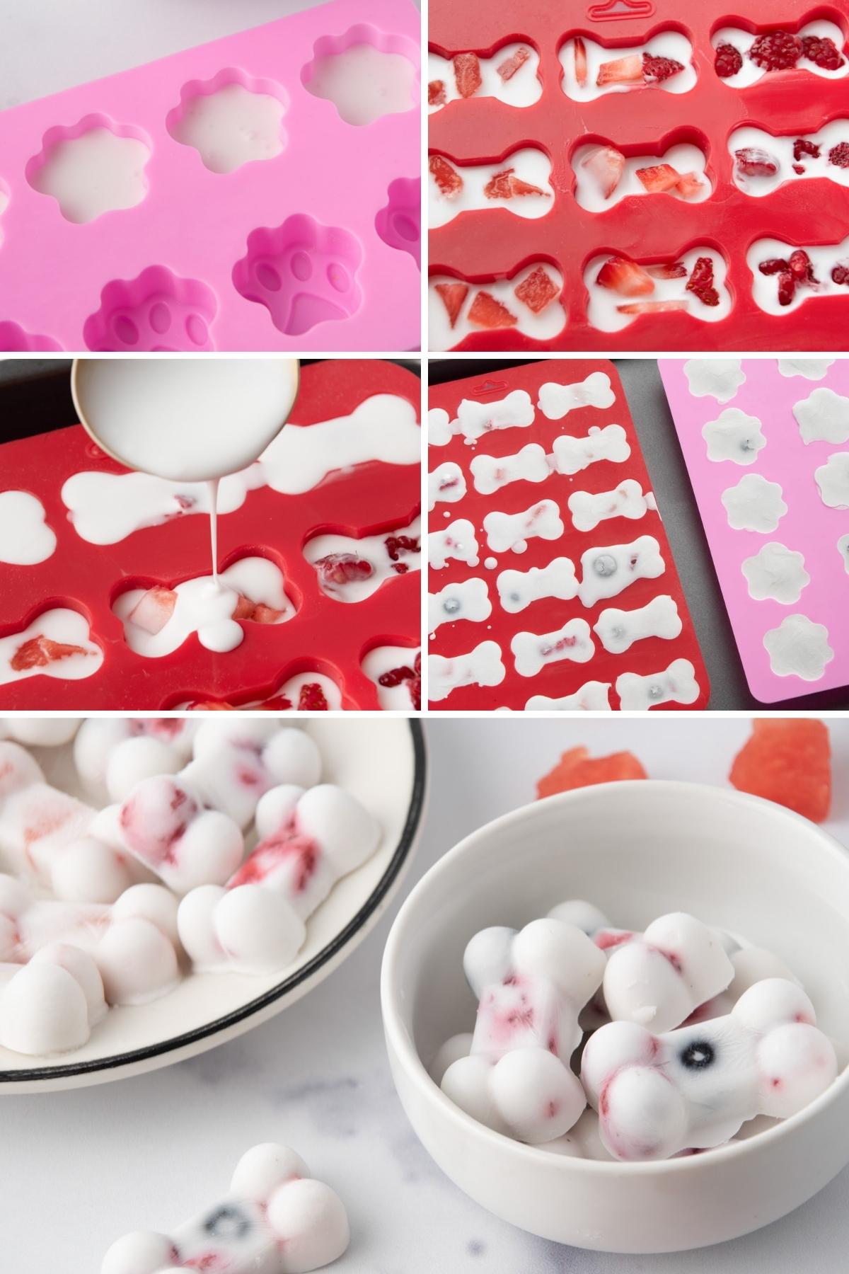 Making frozen yogurt dog treats with assorted fruit.