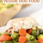 A plate of sheet pan white fish and veggie dog food.