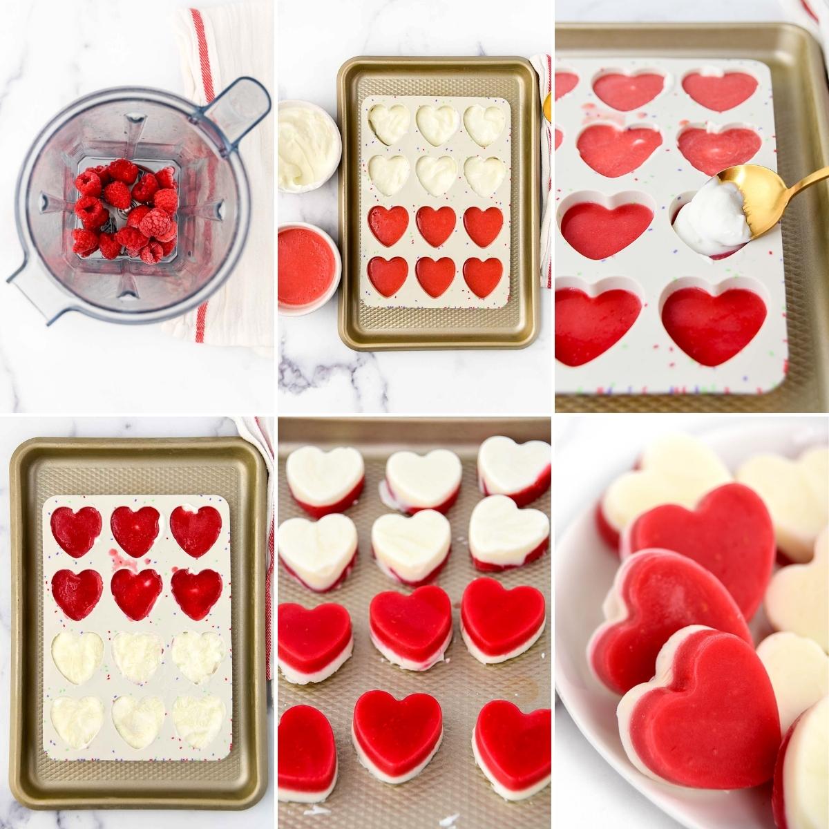 Making frozen treats with raspberries and yogurt.