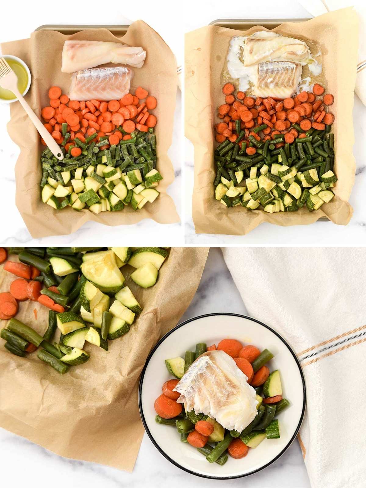 Making white fish and vegetable dog food on a sheet pan.