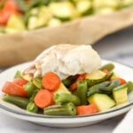 Sheet pan baked white fish and vegetable dog food on a plate.