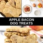 Apple bacon dog treats ingredients and the baked treats in a bone shape.