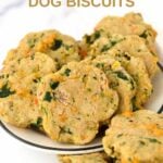 A plate of homemade breakfast dog biscuits with bacon, egg, cheese, and spinach.