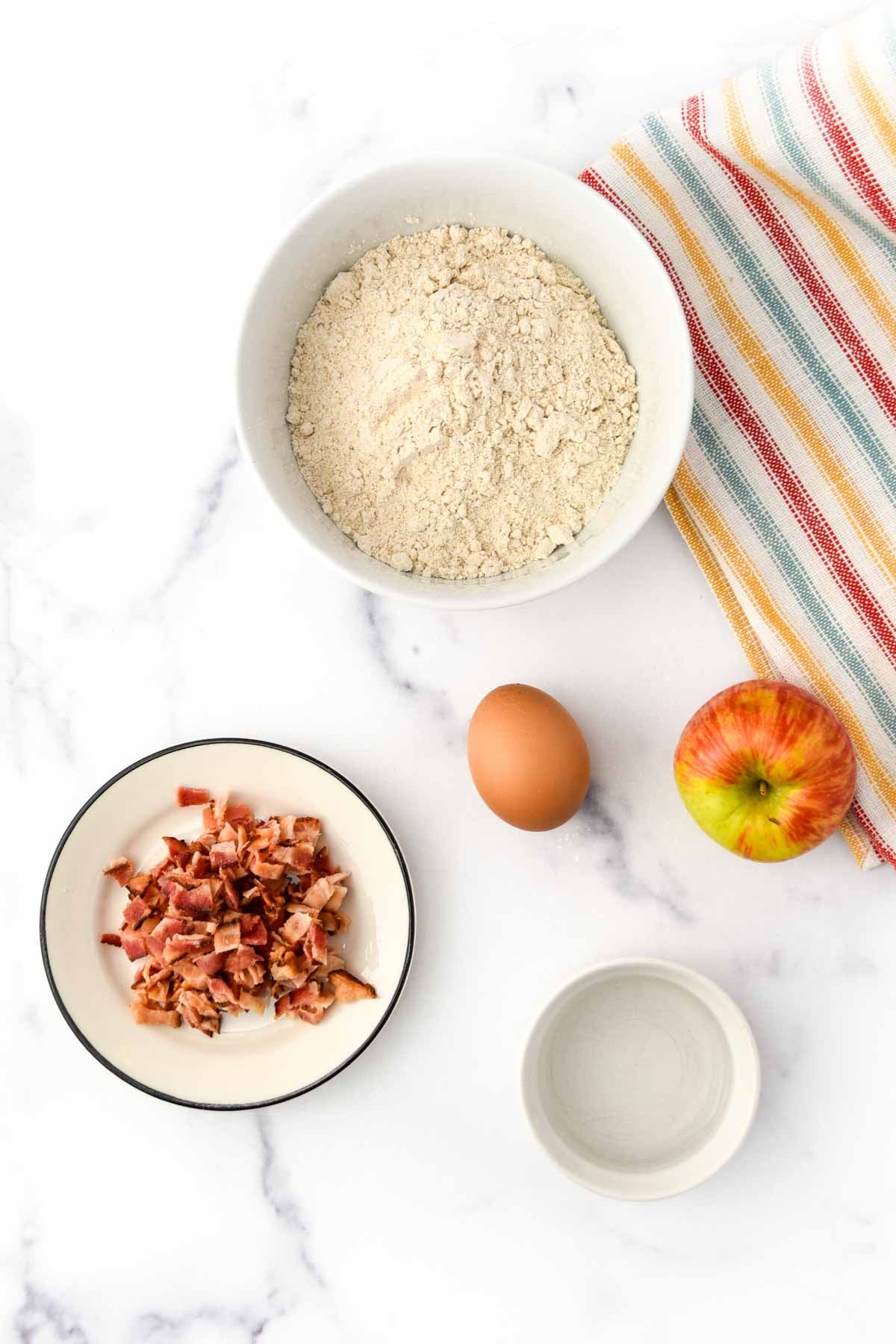 Apple, bacon, egg, oat flour, and water.