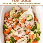 Ground chicken and veggie bake for dogs in a casserole dish.