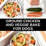 Ground chicken and vegetable bake for dogs ingredients and the baked meal.