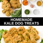 Homemade kale dog treats ingredients and the baked treats in bone and paw shapes.