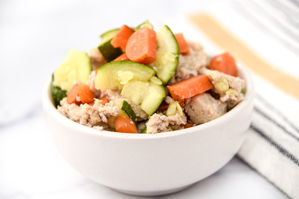 A bowl of baked ground chicken, carrots, and zucchini made for dogs.