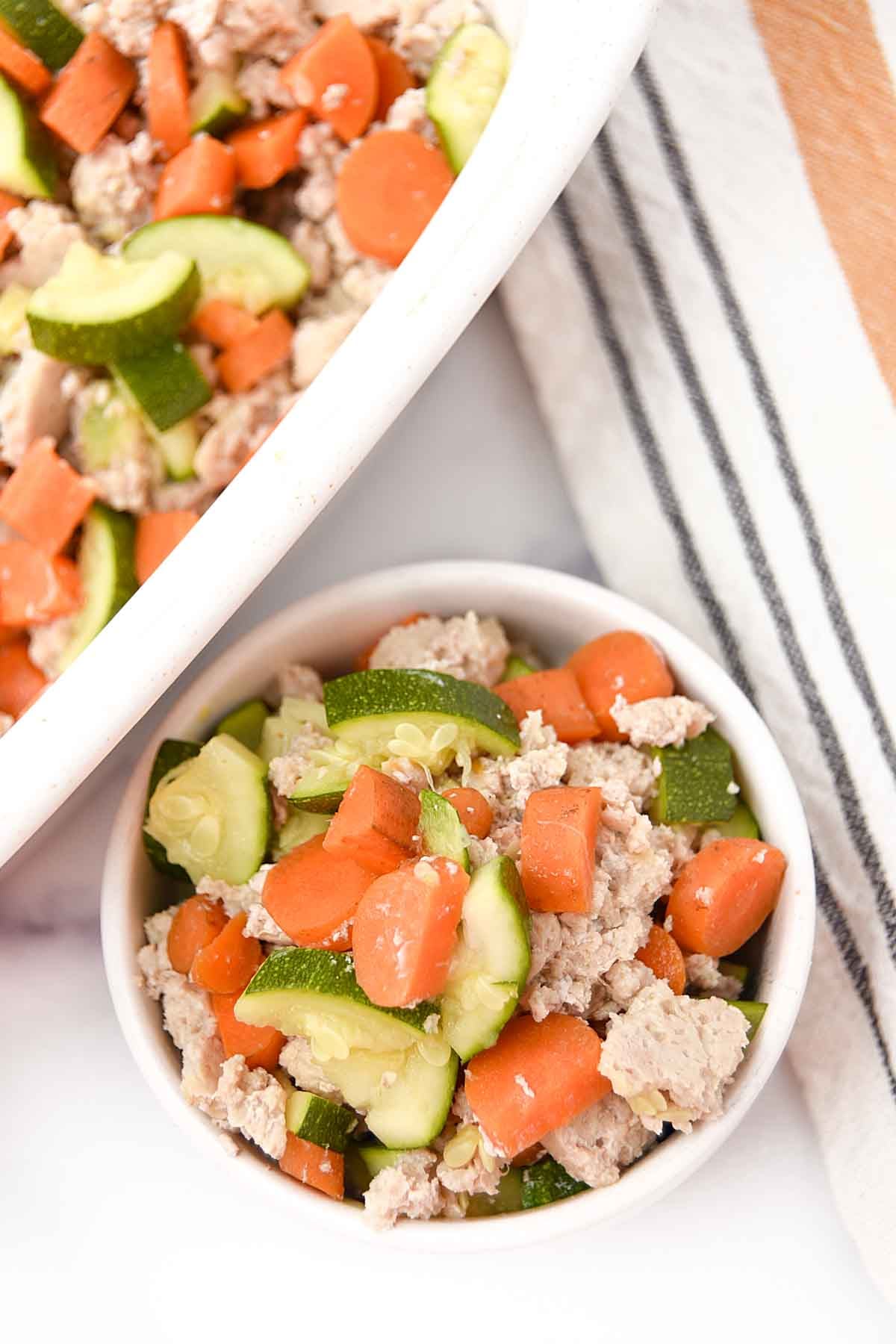 Ground chicken, zucchini, and carrots baked and served.