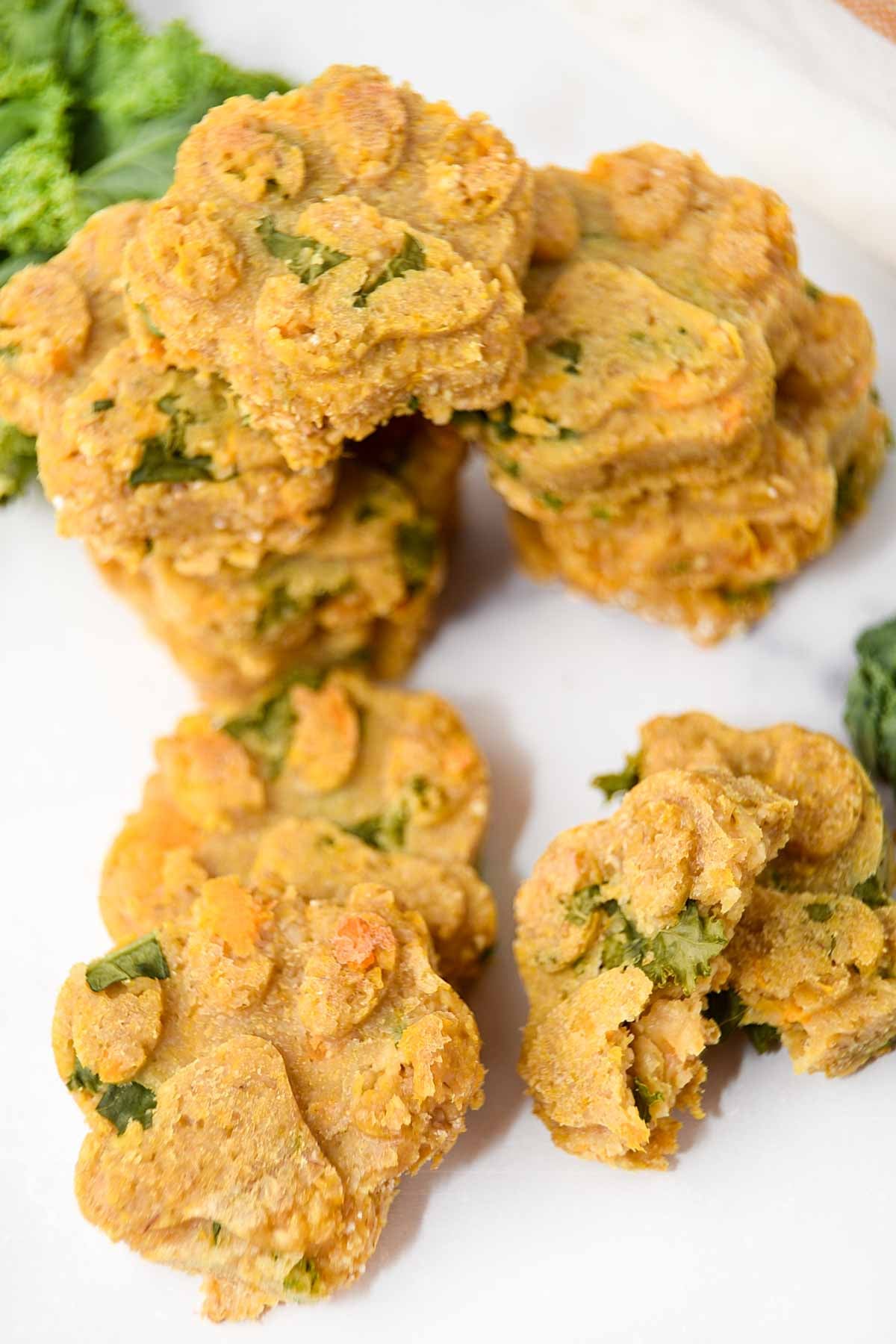 Homemade dog treats with kale, applesauce, and sweet potato.
