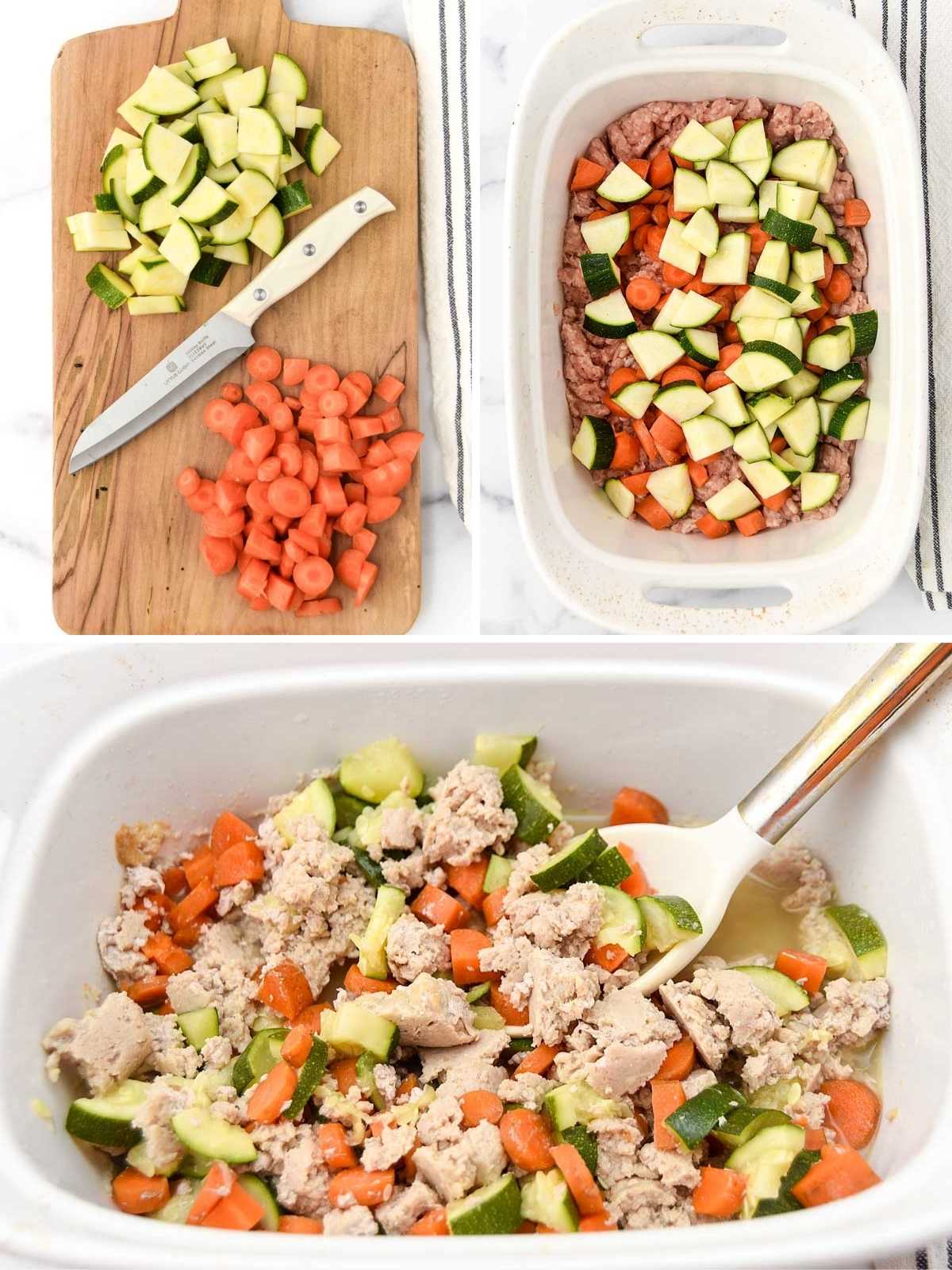 Making a ground chicken and veggie bake for dogs with carrots and zucchini.