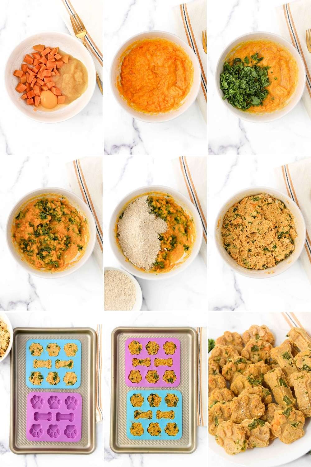 Making dog treats with kale, sweet potato, applesauce, and oat flour.