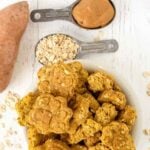 Sweet potato, peanut butter, oats, and dog treats made with the 3 ingredients.