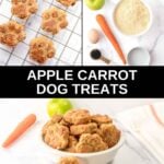 Homemade apple carrot dog treats ingredients and the treats on a rack and in a bowl.