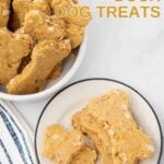 Homemade duck dog treats on a plate and in a bowl.