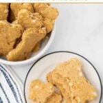 Homemade duck dog treats with sweet potato and oats in a bowl and on a plate.