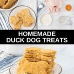 Homemade duck dog treats and the ingredients to make them.