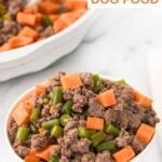 Homemade lamb and sweet potato dog food in a skillet and bowl.