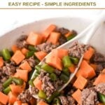 Homemade lamb and sweet potato dog food in a spoon over a skillet of it.