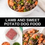 Homemade lamb and sweet potato dog food ingredients and the food in a bowl and skillet.