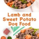 Homemade lamb and sweet potato dog food and the ingredients to make it.