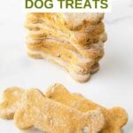 Bone-shaped homemade mint and parsley dog treats in stacks.