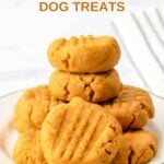 No-bake peanut butter pumpkin dog treats shaped like classic peanut butter cookies on a plate.