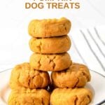 No-bake peanut butter pumpkin dog treats stacked on a plate.