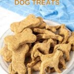 Homemade peanut butter banana dog treats piled on a plate.