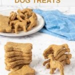 Homemade peanut butter banana dog treats in stacks and on a plate.