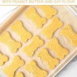 Homemade pumpkin cookies for dogs made with peanut butter and oat flour on a baking sheet.