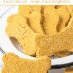 Homemade bone-shaped pumpkin cookies for dogs in a bowl.