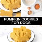 Homemade bone-shaped pumpkin cookies for dogs and the ingredients to make them.