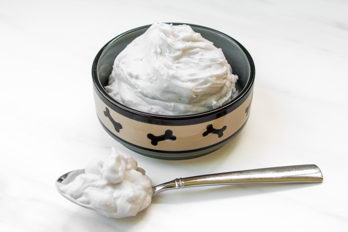 Whipped coconut cream in a dog bowl and a dollop on a spoon in front of it.