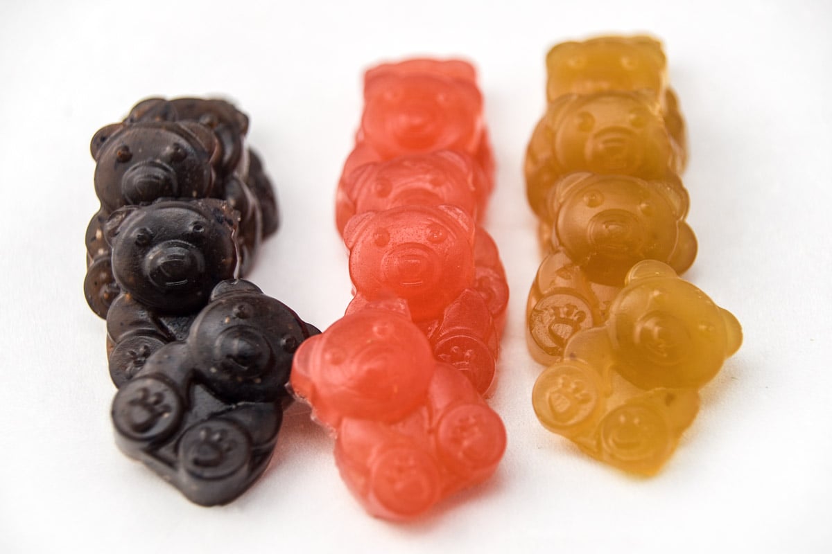 Homemade blueberry, watermelon, and mango gummy bears.