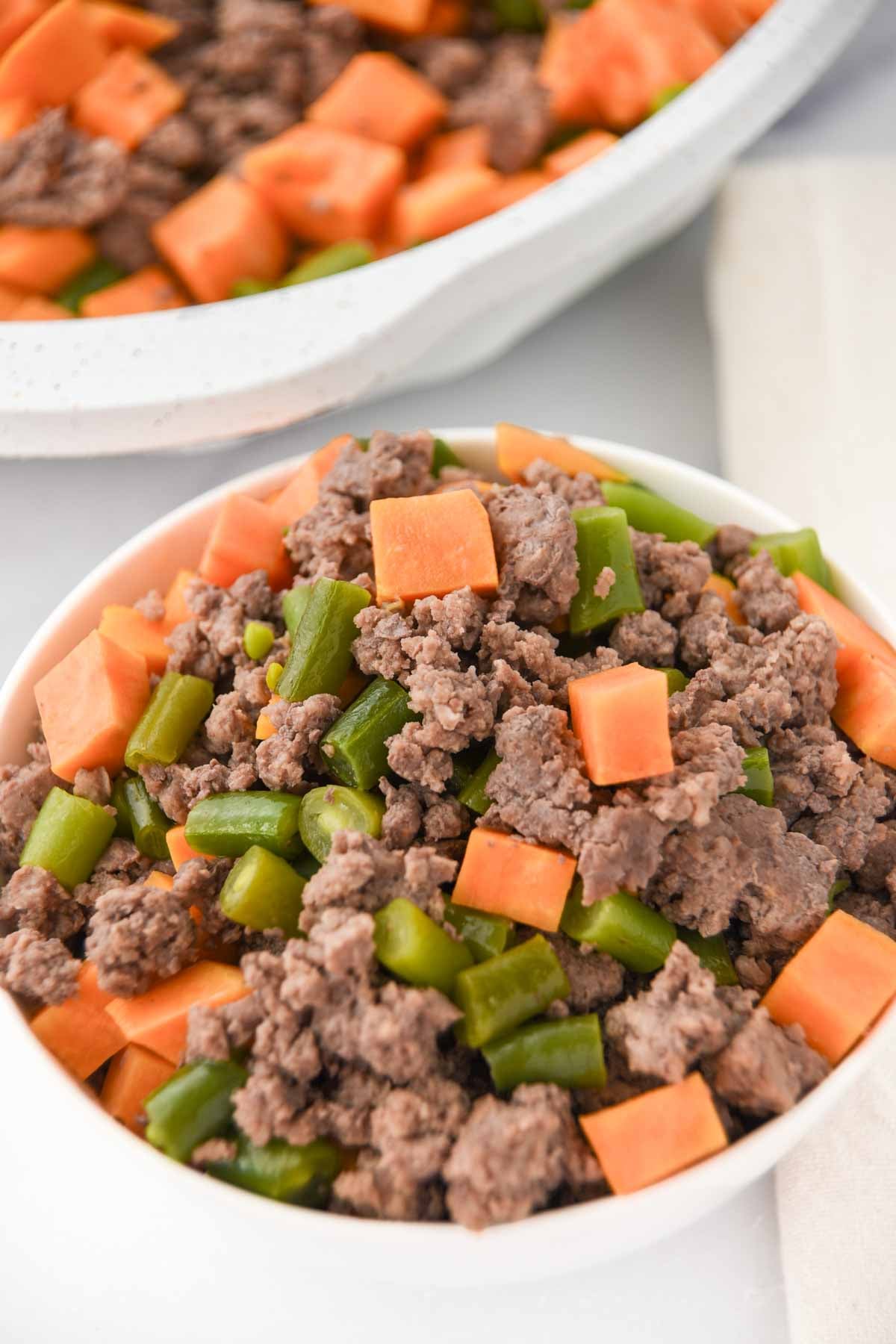 Homemade dog food made with lamb, sweet potatoes, and green beans.