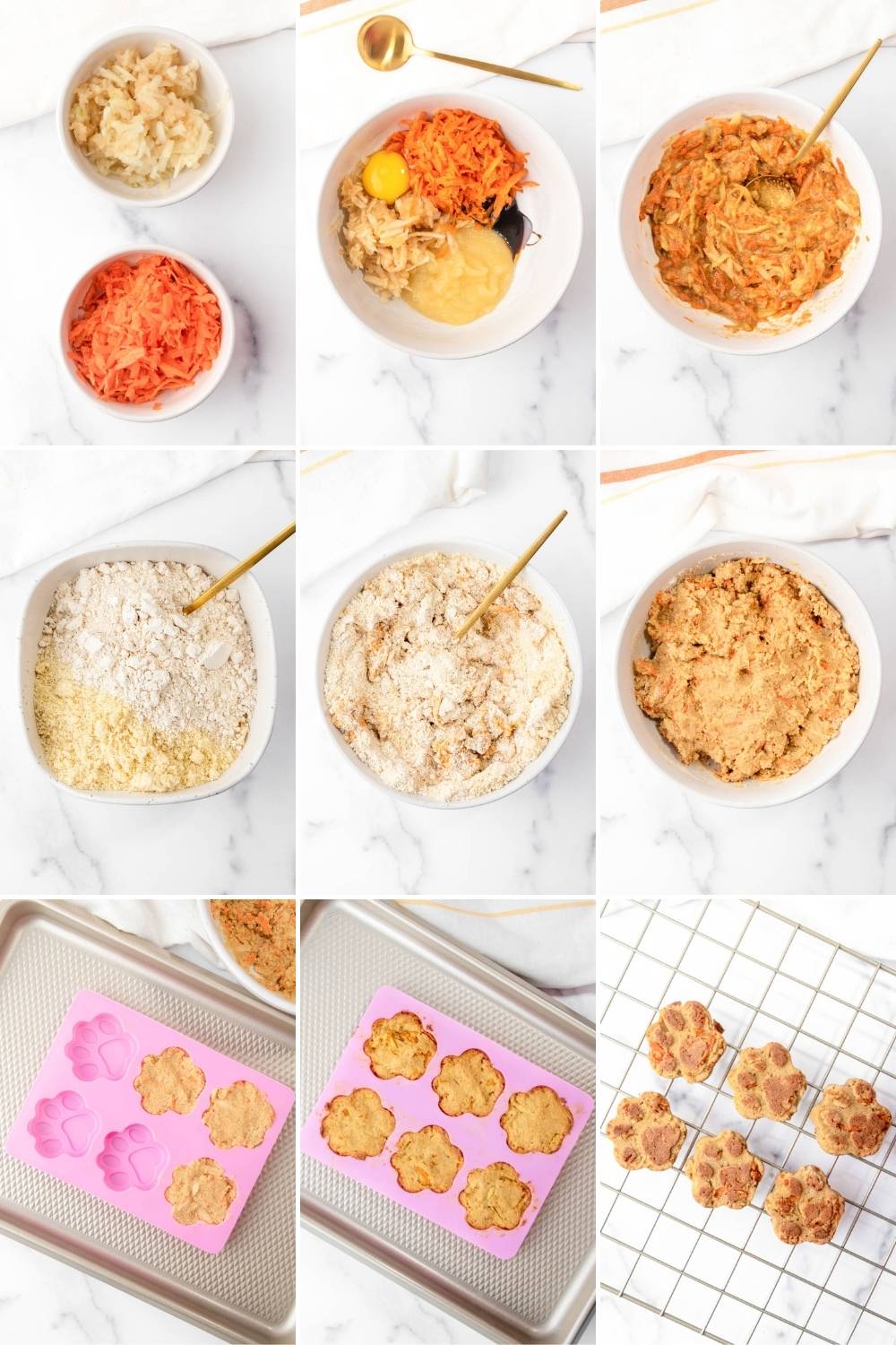 Making dog treats with fresh apple, applesauce, and carrot.