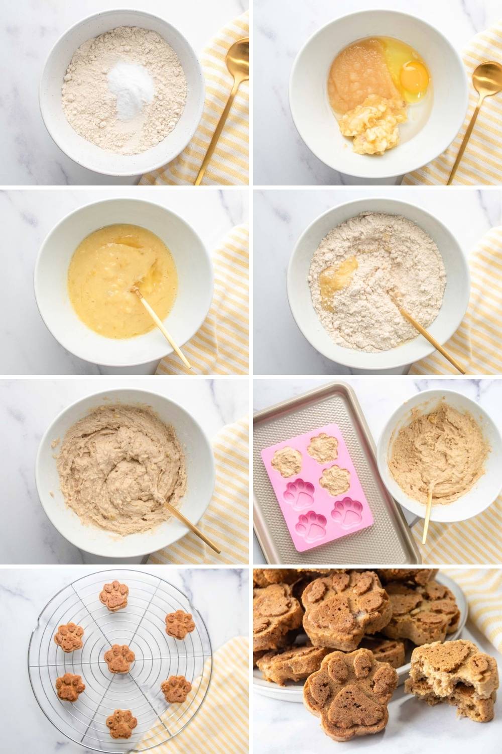 Making dog treats with applesauce, banana, and oats.